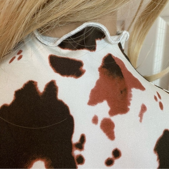 SHEIN - White and brown ruched bodycon Cow pattern stretch dress for S- US XS - Picture 7 of 11